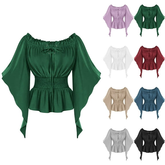 THDHVS Tshirts Shirts for Women,Womens Tops Long Sleeve,Women Renaissance Off Shoulder Blouse with Long Sleeve andSmocked Waist Solid Color Costume Top for Themed Events Khaki S