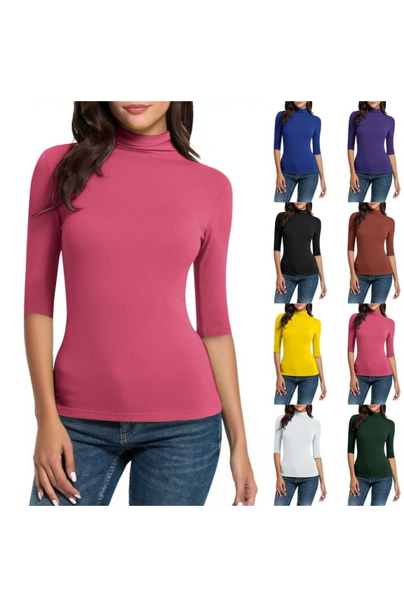 Tshirts Shirts for Women,Solid Color Turtleneck Top Slim Fits with 3/4 Sleeve Cut for Layering and Modern Basic Style,Womens Tops Casual