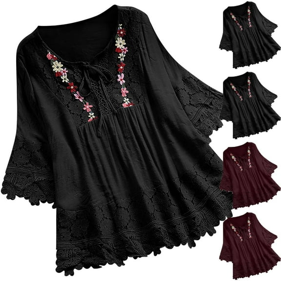 THDHVS Tshirts Shirts for Women,V Neck Top Combines Lace Panels with Tie Front Detail for Romantic Feminine Appeal,Womens Tops Casual