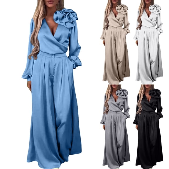 THDHVS Two Piece Sets for Women,Matching Sets Women Clothing,Women Solid Color Satin V Neck Top and Wide Leg Pants Set with Long Sleeves for Elegant Occasion White S
