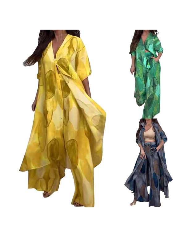 Two Piece Sets for Women,Plus Size Fashion,Bohemia 2 Piece Outfits Caftans for Women V Neck Long Cardigan Cover Up Wide Leg Pants Sets Plus Size Green M
