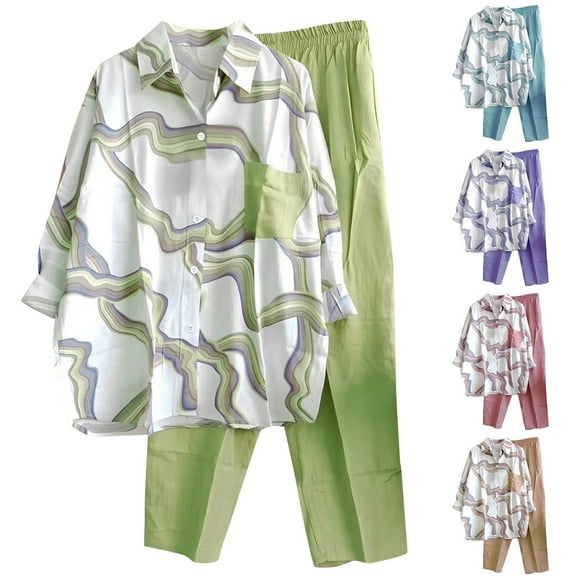 THDHVS Two Piece Sets for Women,Plus Size Fashion,Womens Fall Loose 2 Piece Outfits Print Long Sleeve Casual Going Out Wide Leg Pants Set Green 3XL