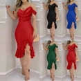 thumbnail image 1 of THDHVS Wedding Guest Dress,Plus Size Cocktail Dress,Women Solid Color Bodycon Dress with Cowl Neck Slit and Pearl Beading Asymmetric Hem Red, 1 of 8