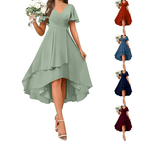 THDHVS Wedding Guest Dress,Plus Size Cocktail Dress,Women Solid Color V Neck A Line Midi Dress with Flutter Sleeve and Pleats Blue