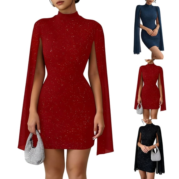 THDHVS Wedding Guest Dress,Plus Size Cocktail Dress,Women Turtleneck Cape Sleeve Sequin Bodycon Mini Dress Sheer Detail Black