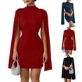 thumbnail image 1 of THDHVS Wedding Guest Dress,Plus Size Cocktail Dress,Women Turtleneck Cape Sleeve Sequin Bodycon Mini Dress Sheer Detail Red, 1 of 7