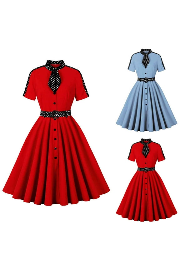 Wedding Guest Dresses for Women,Womens Dresses,Fashion Short Sleeve Polka Dot Button Down Dress with Full Flared Skirt Red