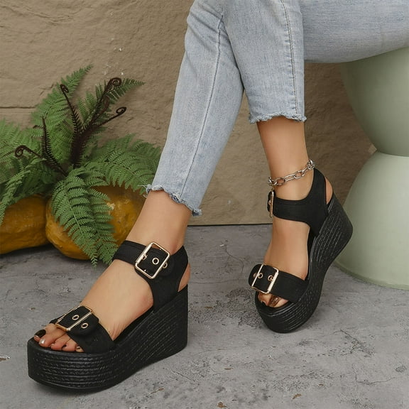 THDHVS Wedge Sandals for Women,Womens Sandals,Women's Fashion Casual One-Line Buckle Spring and Summer Wedge Heel Thick Bottom Fish Mouth Sandals Black 8.5