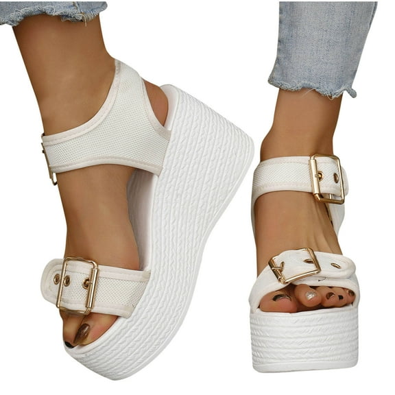 THDHVS Wedge Sandals for Women,Womens Sandals,Women's Fashion Casual One-Line Buckle Spring and Summer Wedge Heel Thick Bottom Fish Mouth Sandals White 6.5