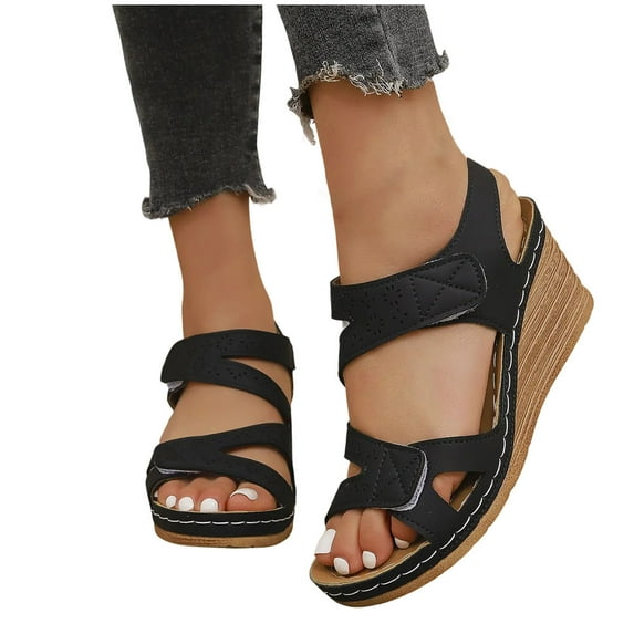THDHVS Womens Wedge Sandals,Wedge Sandals for Women,Fashion Women Casual Round Head Comfy Wedge Beach Sandals Black 6.5