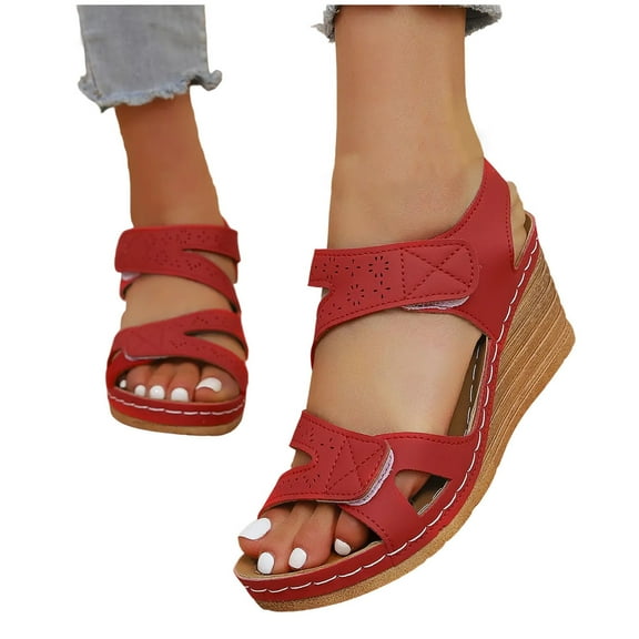 THDHVS Womens Wedge Sandals,Wedge Sandals for Women,Fashion Women Casual Round Head Comfy Wedge Beach Sandals Red 7