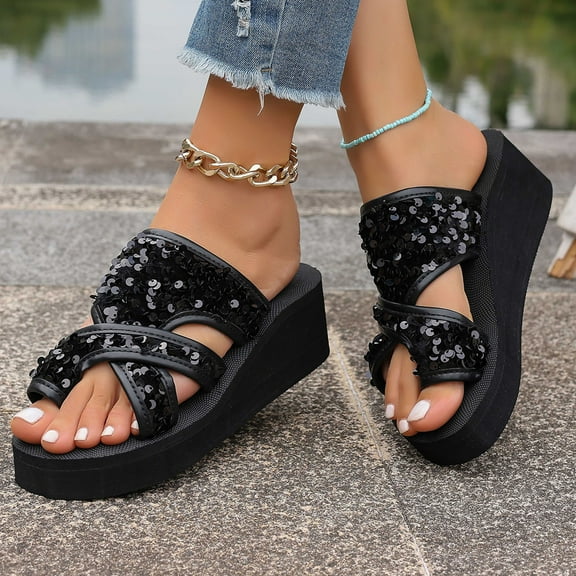 THDHVS Womens Wedge Sandals,Wedge Sandals for Women,Fashion Women Arch Support Beach Slides Orthotic Summer Causal Lightweight Thick Sole Black 6.5