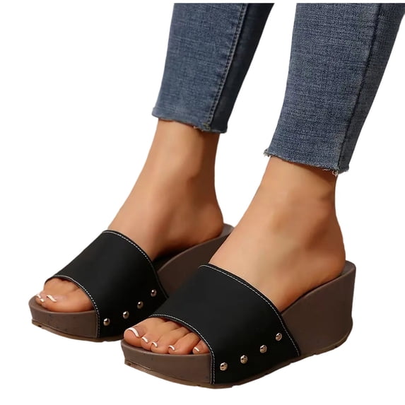 THDHVS Womens Wedge Sandals, Fashion Women Casual Slippers Beach Slipsole Shoes Simply Stretch Sandals Black
