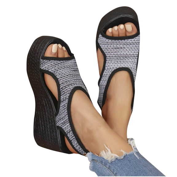 THDHVS Wedge Sandals for Women,Womens Sandals,Women's Fashion Casual One-Line Buckle Spring and Summer Wedge Heel Thick-Soled Sandals Black 7