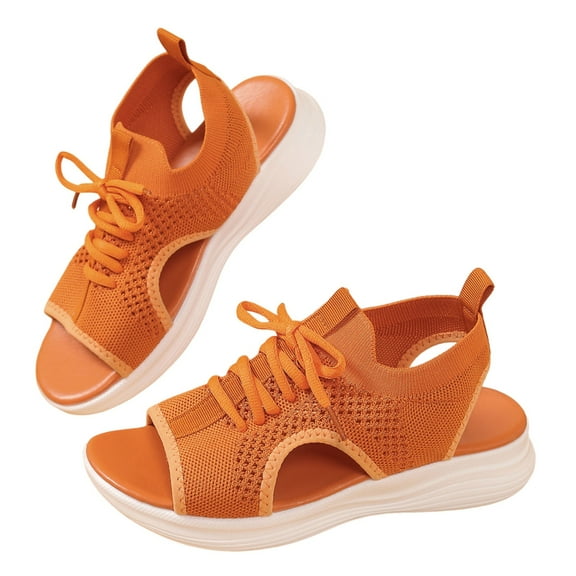 THDHVS Wedge Sandals for Women,Womens Wedge Sandals,Women's Fashion Casual Summer Solid Color Wedge Heel Fish Mouth Strap Sandals Orange 5.5