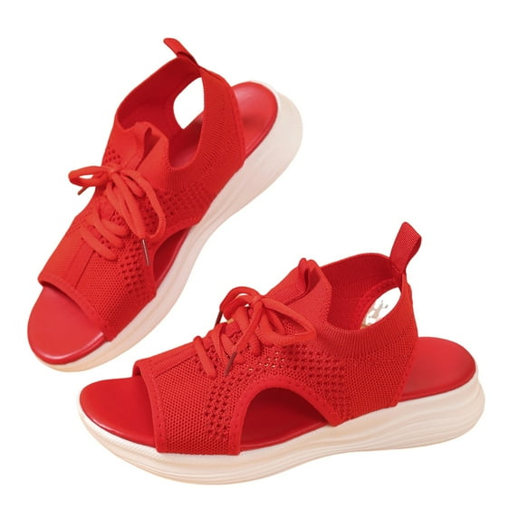 THDHVS Wedge Sandals for Women,Women's Fashion Casual Summer Solid Color Wedge Heel Fish Mouth Strap Sandals Red 9