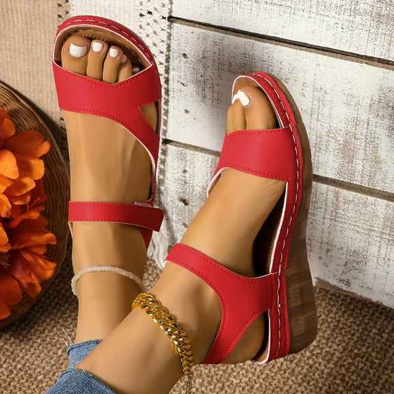 THDHVS Womens Wedge Sandals,Wedge Sandals for Women,Women's Sandals Wedge Ankle Strap Open Toe Sandals Red 7.5