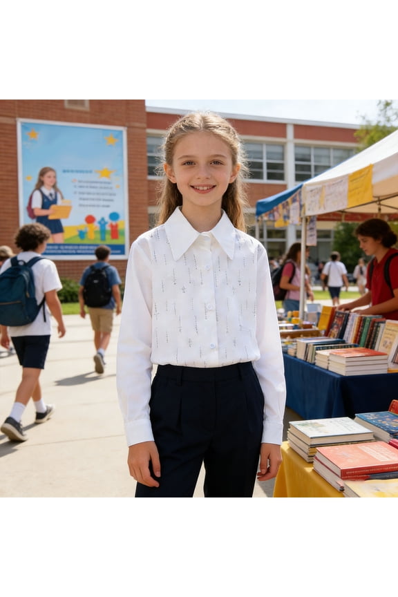 White Uniform Shirts for Girls,Girls Long Sleeve Rhinestone Collar Shirt Button Front Sparkly for Back to School Special Occasion White 13-14 Years