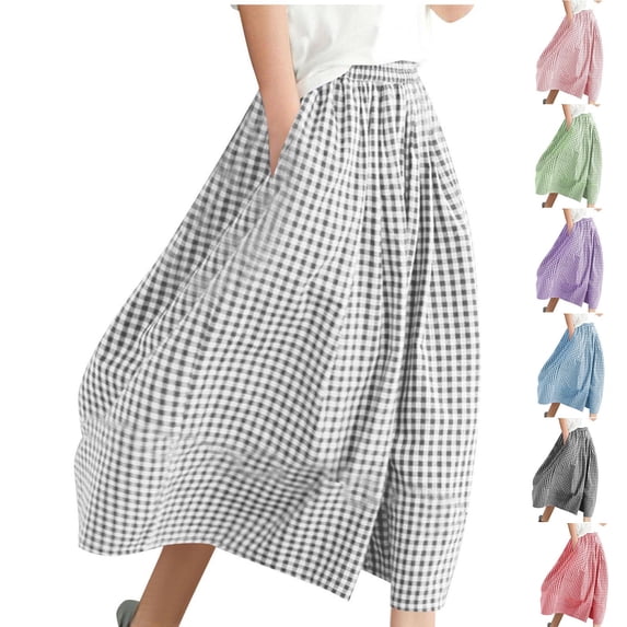 THDHVS Wide Leg Pants Woman, Plaid Wide Leg Cropped Pants Capri Length Elastic Waist with Pockets Red