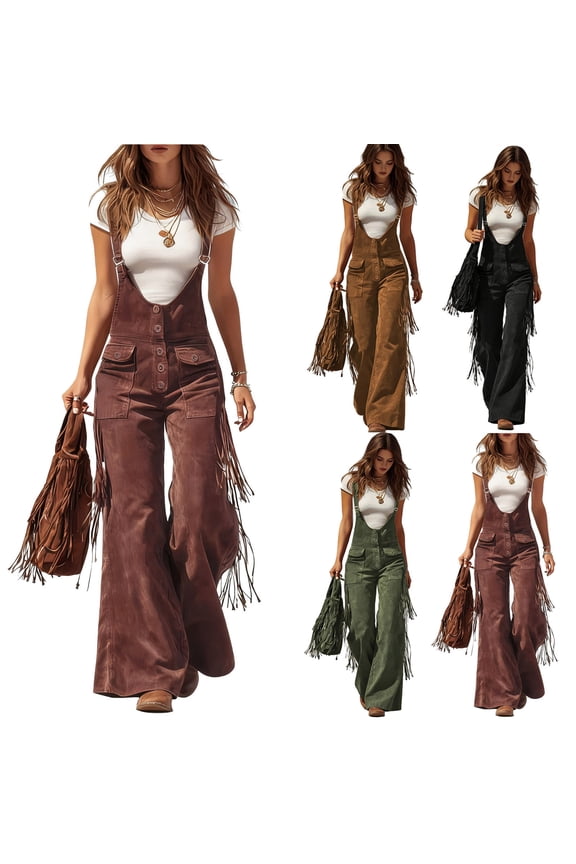 Wide Leg Pants Woman,Casual Pants for Women,Vintage Suede Fringe Jumpsuit Wide Leg Overalls Button Pockets Solid Black