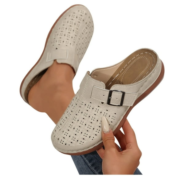 THDHVS Wide Sandals for Women,Sandals Women,Fashion Casual Hollow Solid Color Buckle Strap Decoration Closed Toe Sandals Thick Bottom Half Slippers Wedge Heels White 9.5