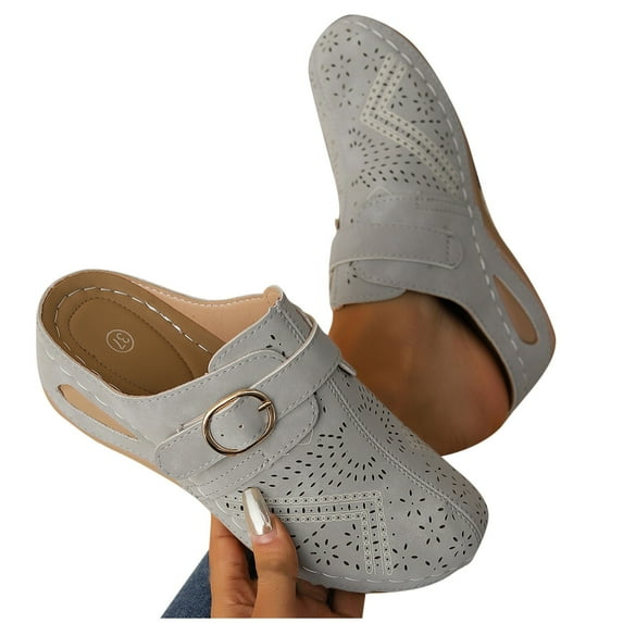 THDHVS Wide Sandals for Women,Sandals Women,Summer Casual Hollow Solid Color Buckle Strap Decoration Sandals Closed Toe Thick Bottom Half Slippers Wedge Heels Gray 8.5