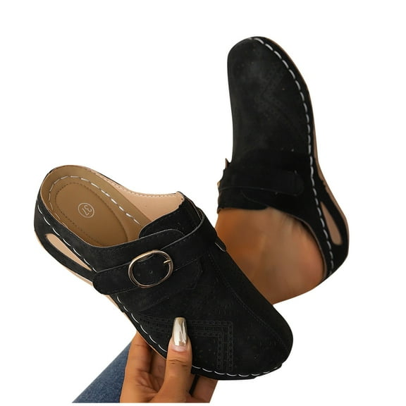 THDHVS Wide Sandals for Women,Sandals Women,Summer Casual Hollow Solid Color Buckle Strap Decoration Sandals Closed Toe Thick Bottom Half Slippers Wedge Heels Black 5.5