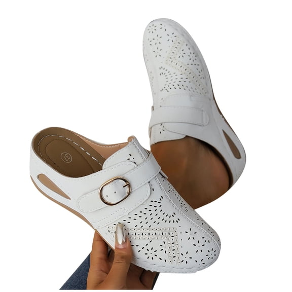 THDHVS Wide Sandals for Women,Sandals Women,Summer Casual Hollow Solid Color Buckle Strap Decoration Sandals Closed Toe Thick Bottom Half Slippers Wedge Heels White 7
