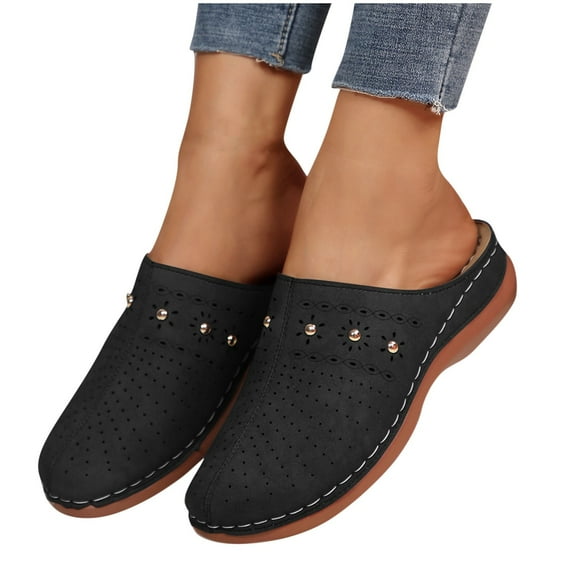 THDHVS Wide Sandals for Women,Sandals Women,Fashion Casual Hollow Solid Color Baotou Sandals Thick Bottom Half Slippers Wedge Heels Black 8.5