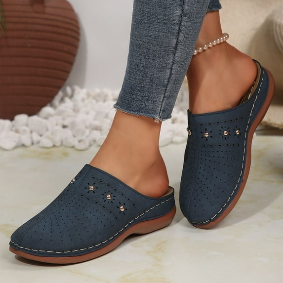 THDHVS Wide Sandals for Women,Sandals Women,Fashion Casual Hollow Solid Color Baotou Sandals Thick Bottom Half Slippers Wedge Heels Dark Blue 6