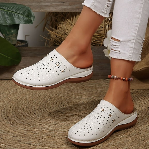 THDHVS Wide Sandals for Women,Sandals Women,Fashion Casual Hollow Solid Color Baotou Sandals Thick Bottom Half Slippers Wedge Heels White 9