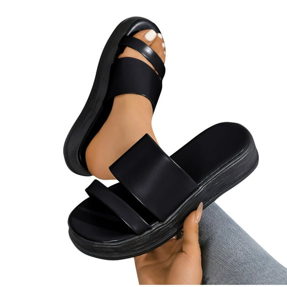 THDHVS Sandals Women,Comfortable Sandals for Women,Women's Fashion Casual Summer Round Head Solid Color Thick-Soled Sandals Black 7