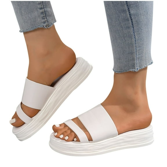 THDHVS Sandals Women,Comfortable Sandals for Women,Women's Fashion Casual Summer Round Head Solid Color Thick-Soled Sandals White 5.5