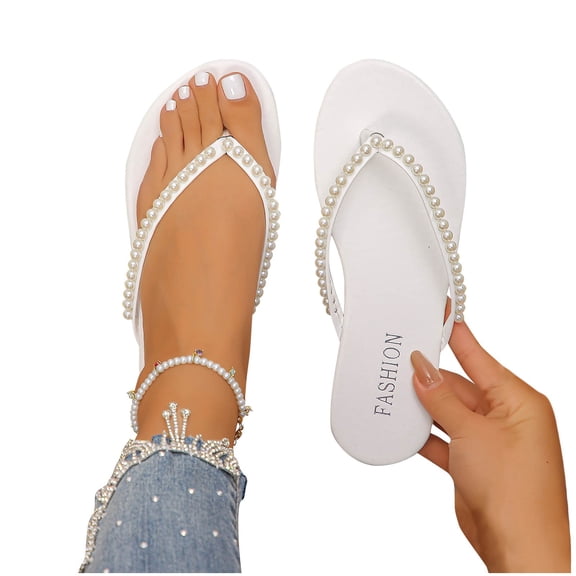 THDHVS Wide Sandals for Women,Sandals Women,Summer Casual Style Solid Color Herringbone Slippers Flat Shoes White 6.5