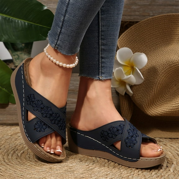 THDHVS Wide Sandals for Women,Sandals Women,Summer Casual Style Solid Color Hollow Strap Roman Thick Bottom Wedge Heels Blue 6