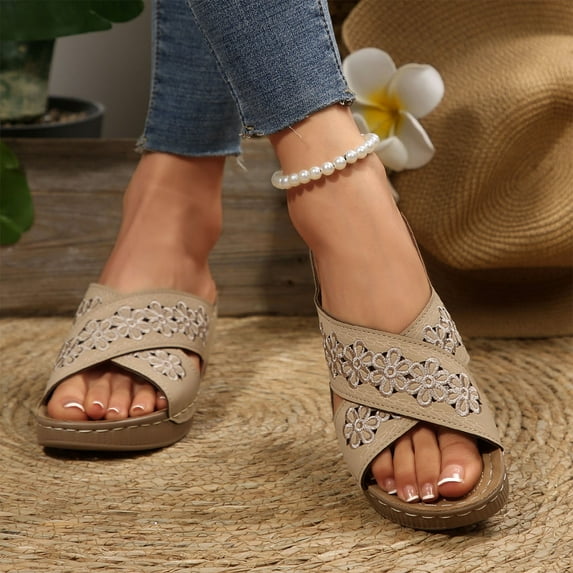 THDHVS Wide Sandals for Women,Sandals Women,Summer Casual Style Solid Color Hollow Strap Roman Thick Bottom Wedge Heels Khaki 5.5