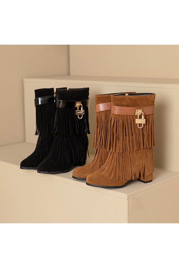 Winter Boots for Women,Womens Shoes,Women Fashion and Casual Fashion Warm Tassel Suede Thick Heel Round Head Metal Lock Decoration Maillard Midsole Boots Brown