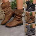thumbnail image 1 of THDHVS Winter Boots for Women,Womens Shoes,Women's Fashion Casual Belt Buckle Frosted Mid-calf Boots Round Toe Chunky Heel Fashion Leather Boots Boots Black, 1 of 9