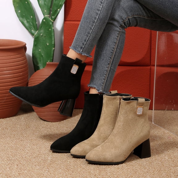 THDHVS Winter Boots for Women,Womens Shoes,Women Fashion Casual Fashion Versatile Rhinestone Mid Heel Pointed Thick Heel Boots Khaki