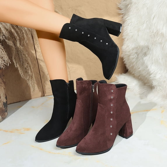 THDHVS Winter Boots for Women,Womens Shoes,Women Warm and Versatile Large Pointed Coarse Heel Fashion Fashion Mid Heeled Short Legged Boots Wine