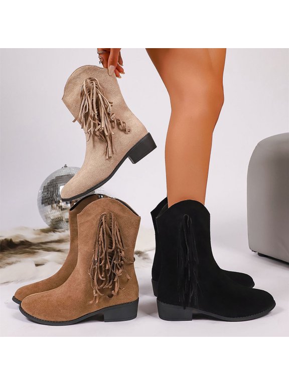Winter Boots for Women,Womens Shoes,Women Warm and Versatile Plus Size Fashion Fashion Tassel Side Zipper Thick Heel Midsole Boots Beige