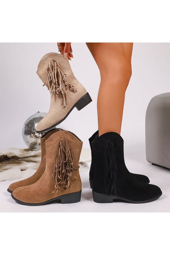 Winter Boots for Women,Womens Shoes,Women Warm and Versatile Plus Size Fashion Fashion Tassel Side Zipper Thick Heel Midsole Boots Black