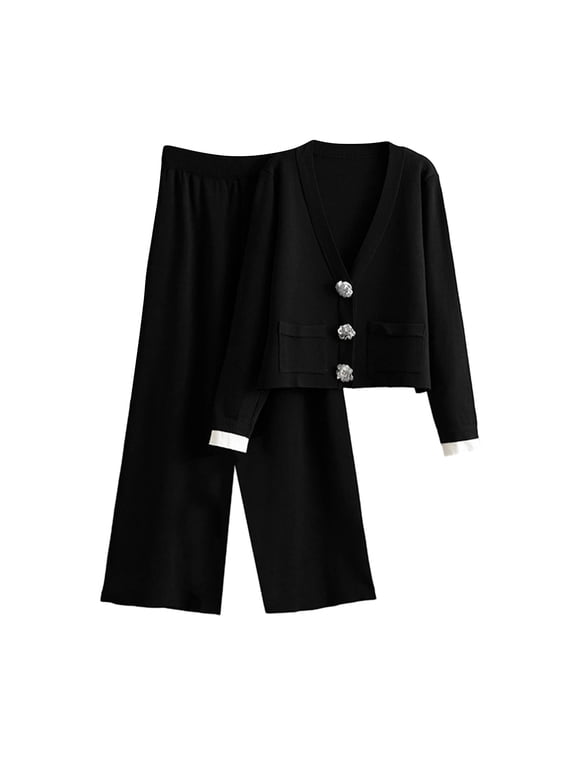 2 Piece Sets for Women,Womens Sets 2 Piece Outfits,Lounge Sets for Women Fall V-neck Loungewear 2 Piece Outfits Cardigan Sweaters Track Suit Matching Winter Clothing Black Free Size