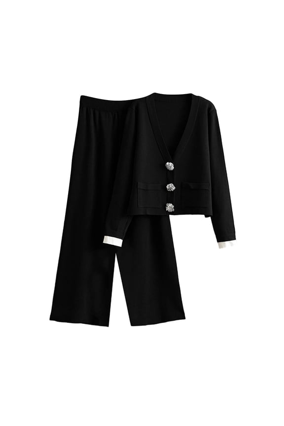 2 Piece Sets for Women,Womens Sets 2 Piece Outfits,Lounge Sets for Women Fall V-neck Loungewear 2 Piece Outfits Cardigan Sweaters Track Suit Matching Winter Clothing Black Free Size