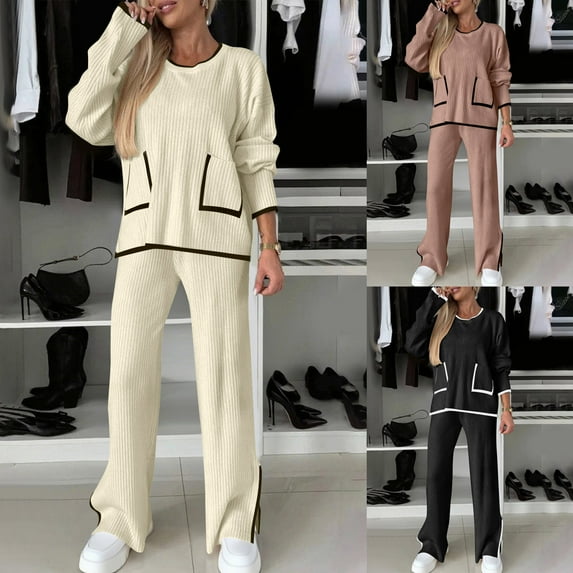 THDHVS Sets for Women,Womens Sets 2 Piece Outfits,Women's 2 Piece Outfits Long Sleeve Knit Sweater Top Wide Leg Pants Lounge Sets Tracksuits Khaki S