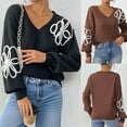 thumbnail image 1 of THDHVS Womens Sweaters,Sweaters for Women,Fashion Womens Casual Floral Ribbon Embroidery Irregular Embroidered V-Neck Sweater Coffee M, 1 of 9