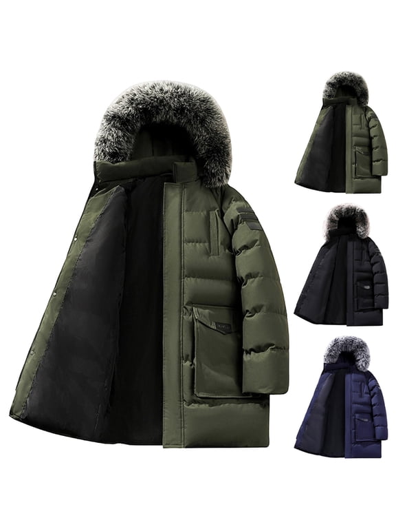 Winter Coats for Men,Mens Winter Coats,Men's Solid Color Long Coat with Attached Hood and Heavyweight Insulation Mid-Length Zip Front Parka Is ed for Extreme Cold Conditions