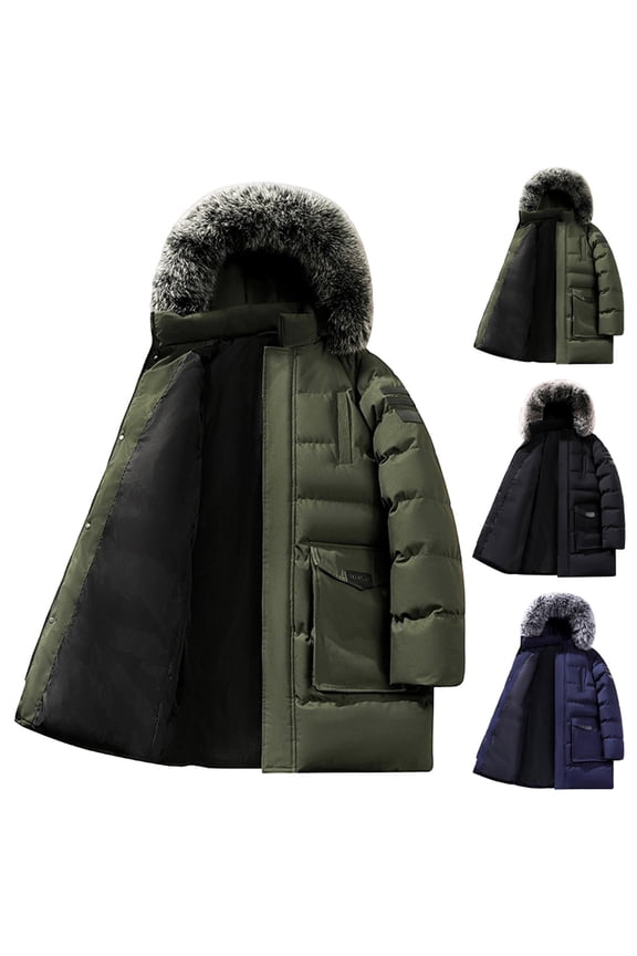 Winter Coats for Men,Mens Winter Coats,Men's Solid Color Long Coat with Attached Hood and Heavyweight Insulation Mid-Length Zip Front Parka Is ed for Extreme Cold Conditions