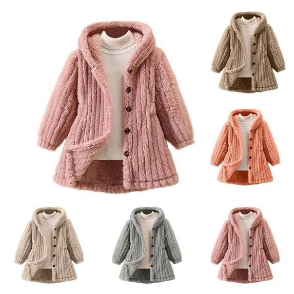 THDHVS Girls Winter Coat,Winter Coats for Girls,Fashion Girls' Solid Color Jacket Warm Hooded Cardigan Long Jacket Gray 5-6 Years