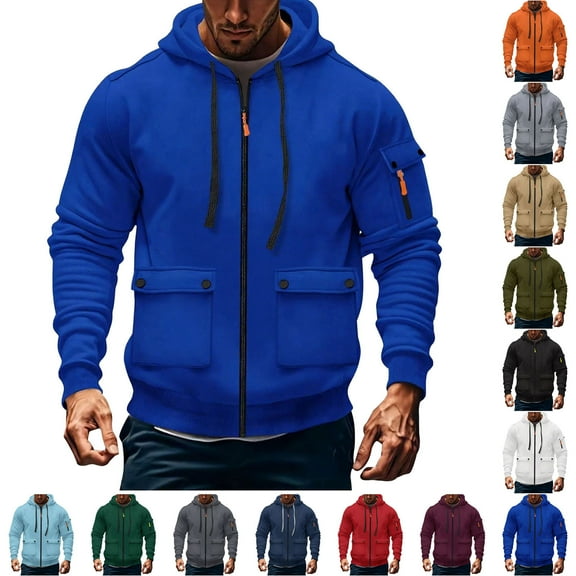 THDHVS Winter Coats for Men,Jackets for Men,Men Utility Hooded Jacket with Multiple Pockets Zip Up for Workout or Streetwear